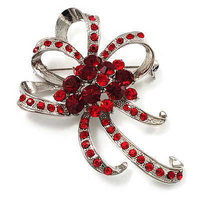Hot Red Crystal Bow Corsage Brooch (Silver Tone) - main view