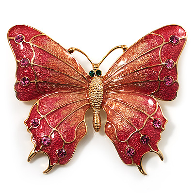 Oversized Gold Pink Enamel Butterfly Brooch - main view