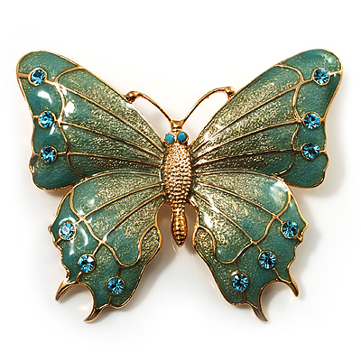 Oversized Gold Turquoise Enamel Butterfly Brooch - main view