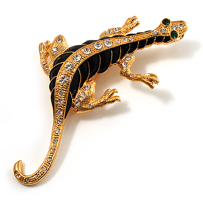 Gold Plated Crystal Enamel Lizard Brooch - main view