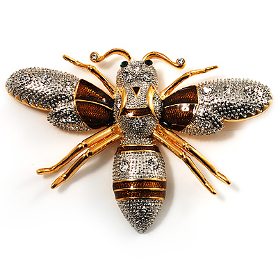 Oversized Gold Diamante Bee Brooch - main view