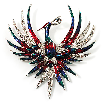 Huge Multicoloured Diamante Enamel Fire-Bird Brooch (Silver Tone) - main view