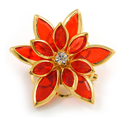 Small Red Acrylic Floral Brooch (Gold Tone)
