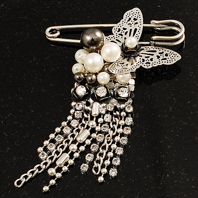 Stylish Butterfly, Crystal & Simulated Pearl Charm Pin Brooch (Silver Tone) - main view