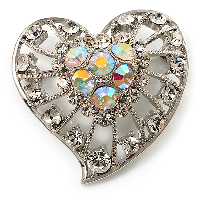 Silver Plated Crystal Filigree Heart Brooch - main view