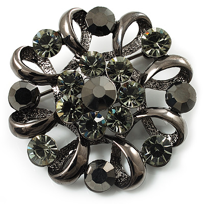 Vintage Crystal Floral Brooch (Black & Gun Metal) - main view