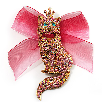 Swarovski Crystal Magnificent Queen Cat Brooch/ Pendant (Gold & Iridescent Pink) - main view