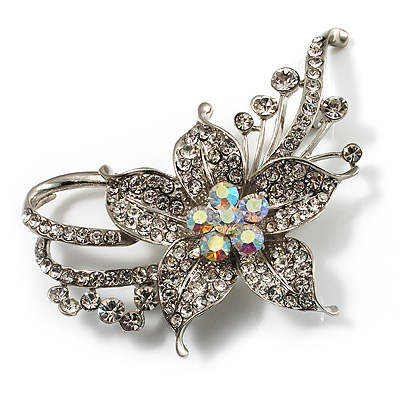 Dazzling Clear Crystal Flower Brooch (Silver Tone) - main view