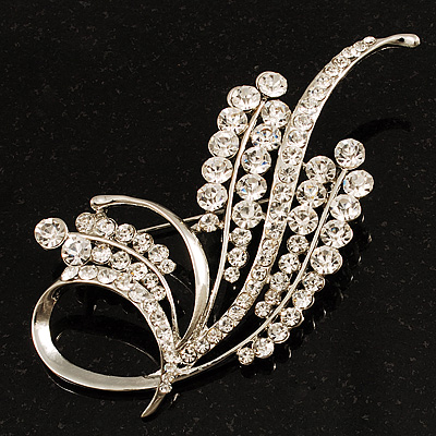 Silver Tone Twirl Diamante Leaf Brooch