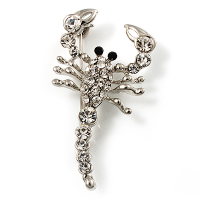 Small Clear Crystal Scorpion Brooch (Silver Tone) - main view