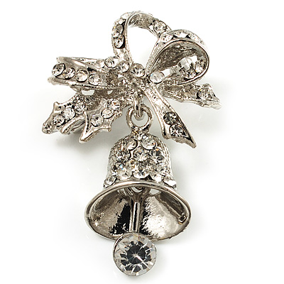 X-mas Crystal Bell Brooch (Silver & Clear) - main view