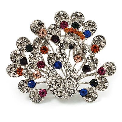 Multicoloured Crystal Peacock Open Tail Brooch (Silver Tone) - main view