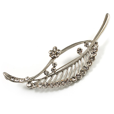 Silver Plated Open Crystal Leaf Brooch - main view