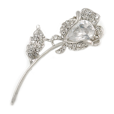 Exquisite CZ Rose Brooch (Silver Tone) - main view