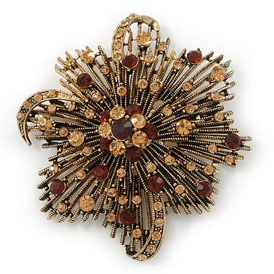 Vintage Asymmetrical Crystal Flower Brooch/ Pendant (Bronze Tone) - main view