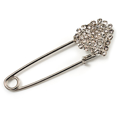 Silver Plated Crystal Heart Pin Brooch - main view