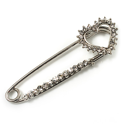 Silver Plated Crystal Open Heart Pin Brooch - main view