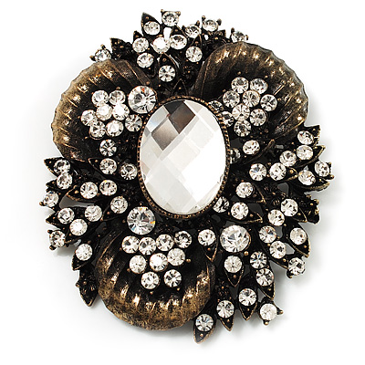 Oversized Vintage Corsage Crystal Brooch/ Pendant (Bronze Tone) - main view