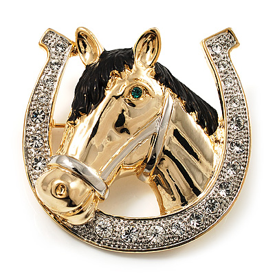 Horse Head & Horse Shoe Crystal Brooch (Gold & Silver Tone) - main view