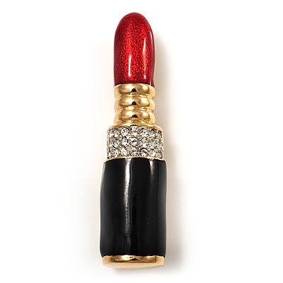 Red Enamel Crystal Lipstick Brooch (Gold Tone) - main view