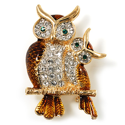 Two Sitting Diamante Owls Brooch (Gold Tone) - main view