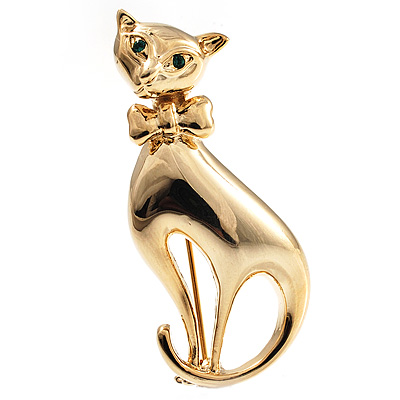 Polished Gold Tone Sitting Cat Brooch - main view