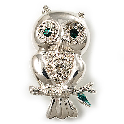 Silver Tone Crystal Owl Brooch - main view