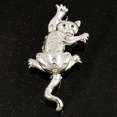 'Naughty Cat' Silver Tone Clear Crystal Brooch - main view
