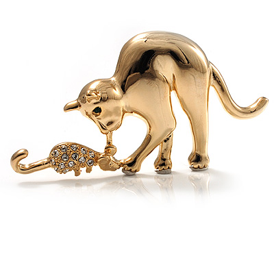 Gold Tone Cat & Mouse Brooch - main view