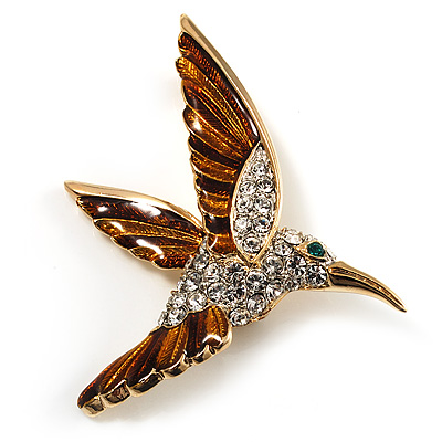 Diamante Enamel Hummingbird Brooch (Gold Tone) - main view