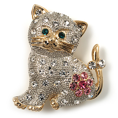Two Tone Crystal Cat Brooch