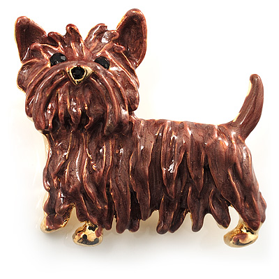 Chocolate Brown Enamel Puppy Dog Brooch (Gold Tone) - main view
