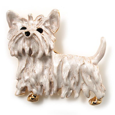 White  Enamel Puppy Dog Brooch (Gold Tone)