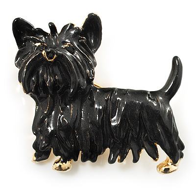 Black Enamel Puppy Dog Brooch (Gold Tone) - main view