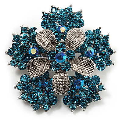 Light Blue Crystal Flower Brooch (Silver Tone) - main view