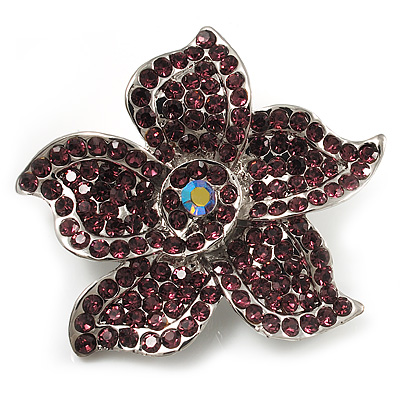 Small Violet Diamante Flower Brooch (Silver Tone) - main view
