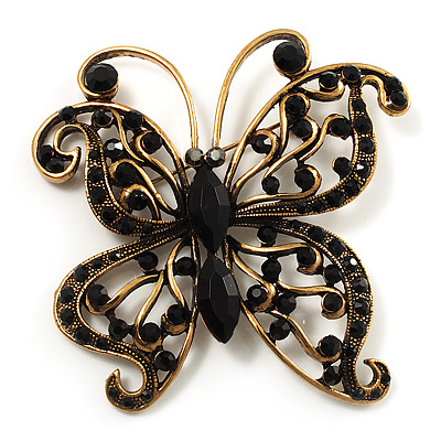 Vintage Jet Black Crystal Butterfly Brooch (Antique Gold) - main view