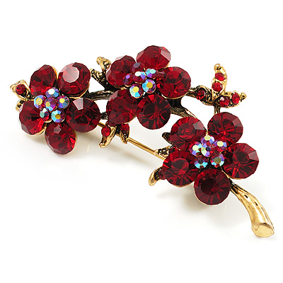Crystal Floral Brooch (Antique Gold & Ruby Red)