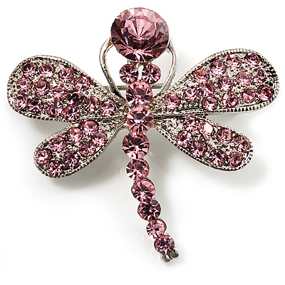 Small Pink Crystal Butterfly Brooch (Silver Tone) - main view