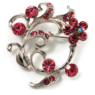 Pink Crystal Floral Wreath Brooch (Silver Tone) - main view