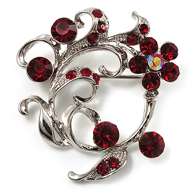 Burgundy Red Crystal Floral Wreath Brooch (Silver Tone) - main view