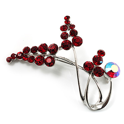 Burgundy Red Diamante Floral Brooch (Silver Tone) - main view