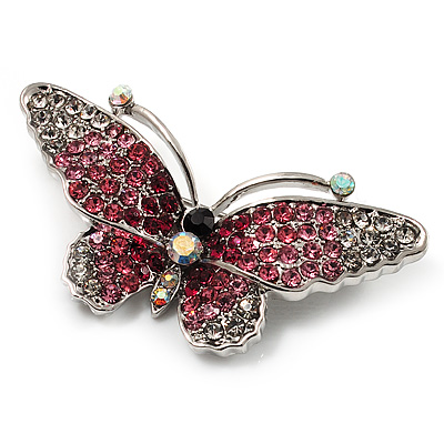 Pink Crystal Butterfly Brooch (Silver Tone) - main view