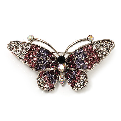 Purple Crystal Butterfly Brooch (Silver Tone) - main view