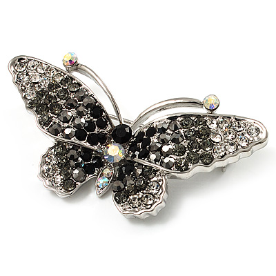 Black Crystal Butterfly Brooch (Silver Tone) - main view