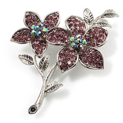 Lilac Swarovski Crystal Flower Brooch (Silver Tone) - main view
