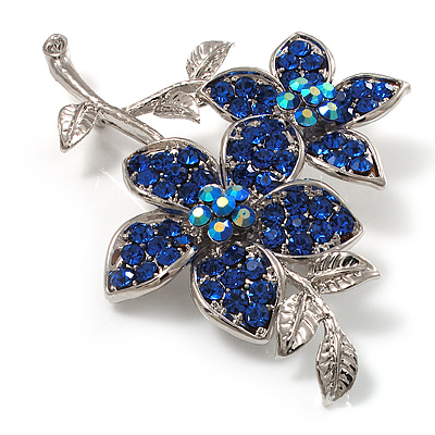 Navy Blue Swarovski Crystal Flower Brooch (Silver Tone)