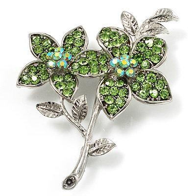 Light Green Swarovski Crystal Flower Brooch (Silver Tone) - main view