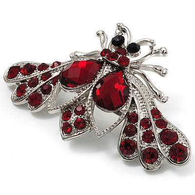 Burgundy Red Crystal Moth Brooch (Silver Tone) - main view