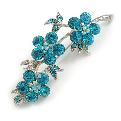 Light Blue Crystal Floral Brooch in Silver Tone - 55mm Across